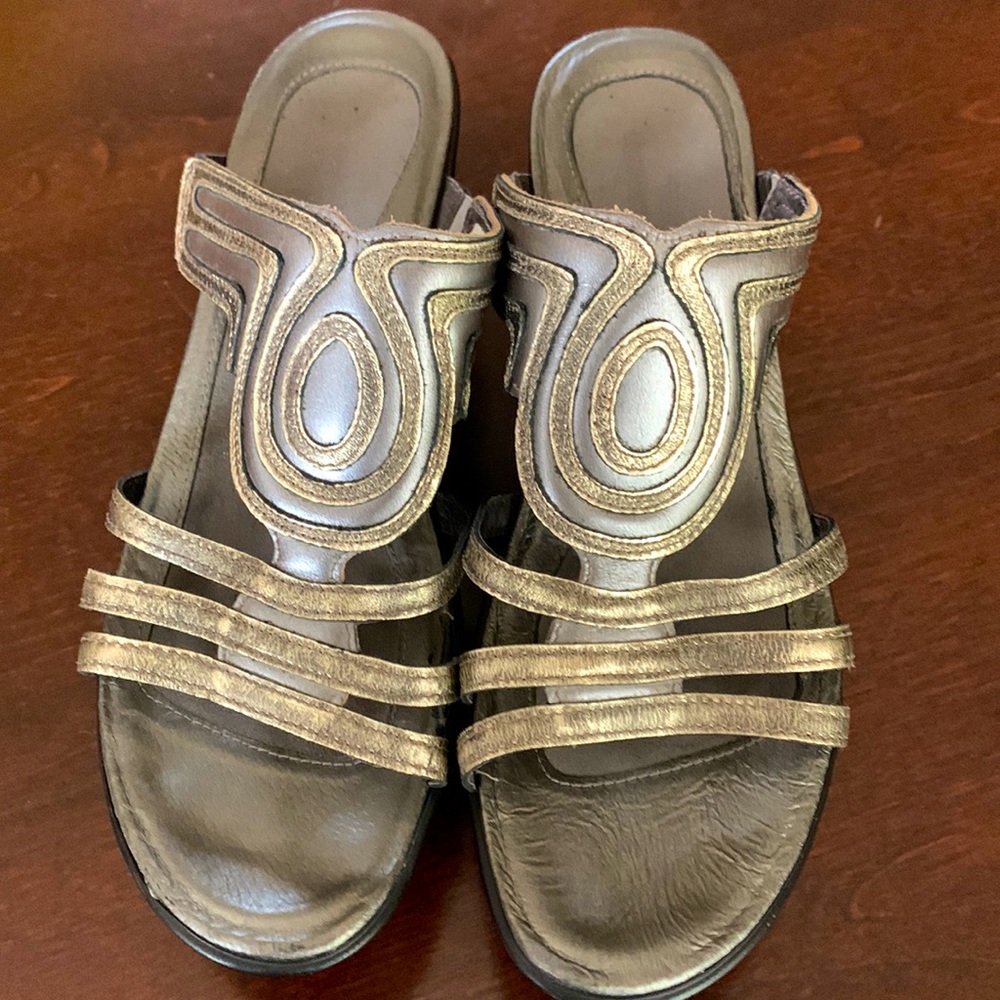 NAOT gold and pewter sandals